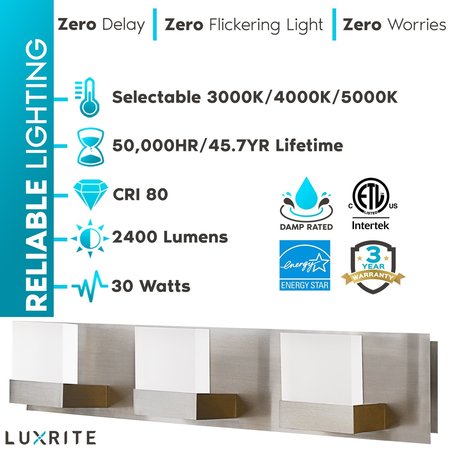 Luxrite 3 Light LED Vanity Light 3 CCT Options 3000K-5000K 30W 2400LM Over Mirror Light Brushed Satin Nickel LR32162-1PK